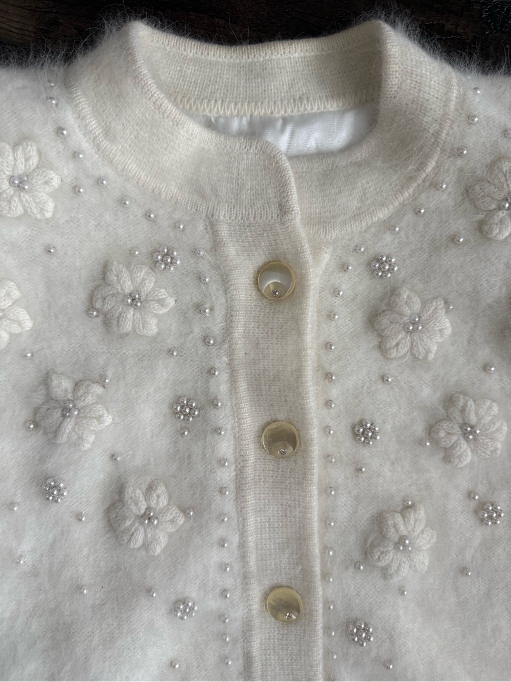 Vintage Ivory Angora Blend Cardigan Pearl Floral Embellished Sweater - Picture 6 of 10